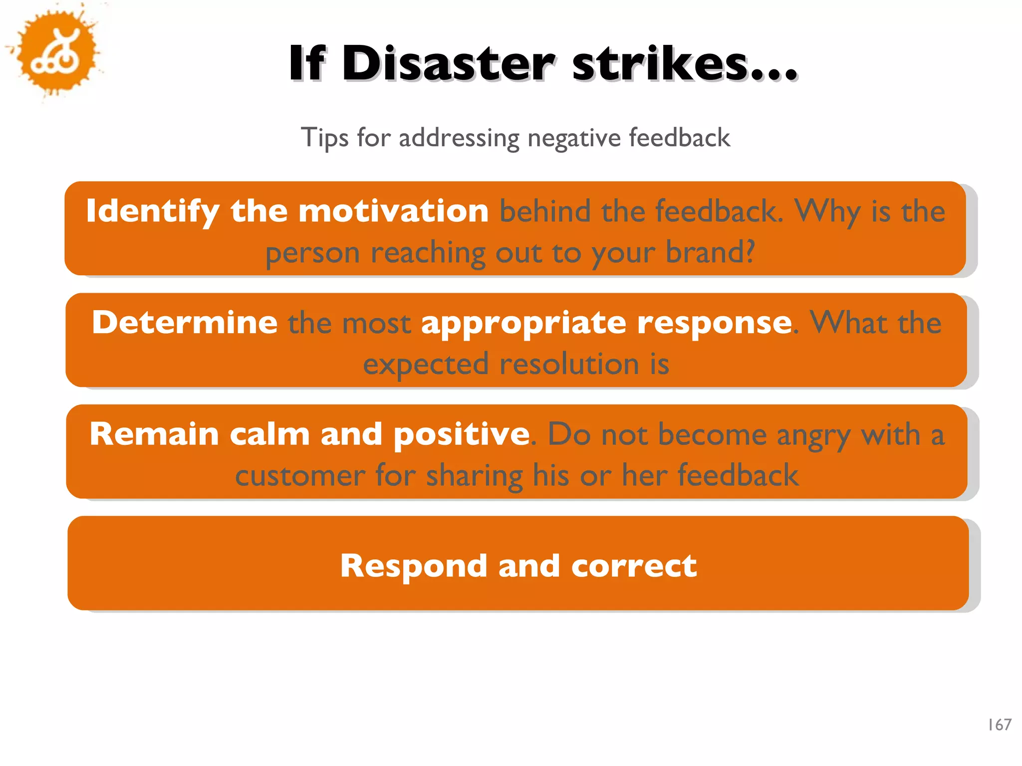 If Disaster strikes… Tips for addressing negative feedback Identify the motivation  behind the feedback. Why is the person reaching out to your brand?  Determine  the most  appropriate response . What the expected resolution is Remain calm and positive . Do not become angry with a customer for sharing his or her feedback Respond and correct 