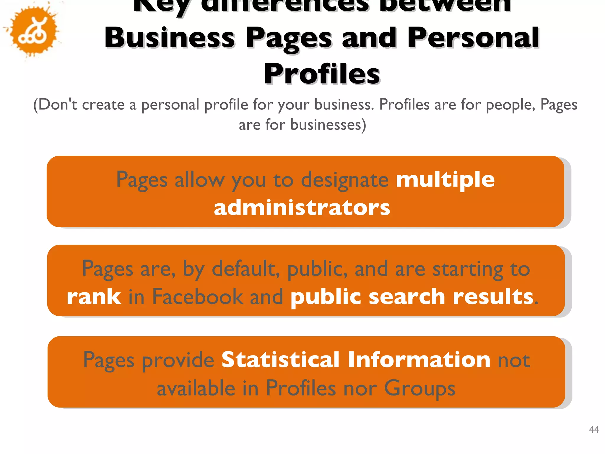 Key differences between Business Pages and Personal Profiles (Don't create a personal profile for your business. Profiles are for people, Pages are for businesses)  Pages allow you to designate  multiple administrators   Pages are, by default, public, and are starting to  rank  in Facebook and  public search results .  Pages provide  Statistical Information  not available in Profiles nor Groups 
