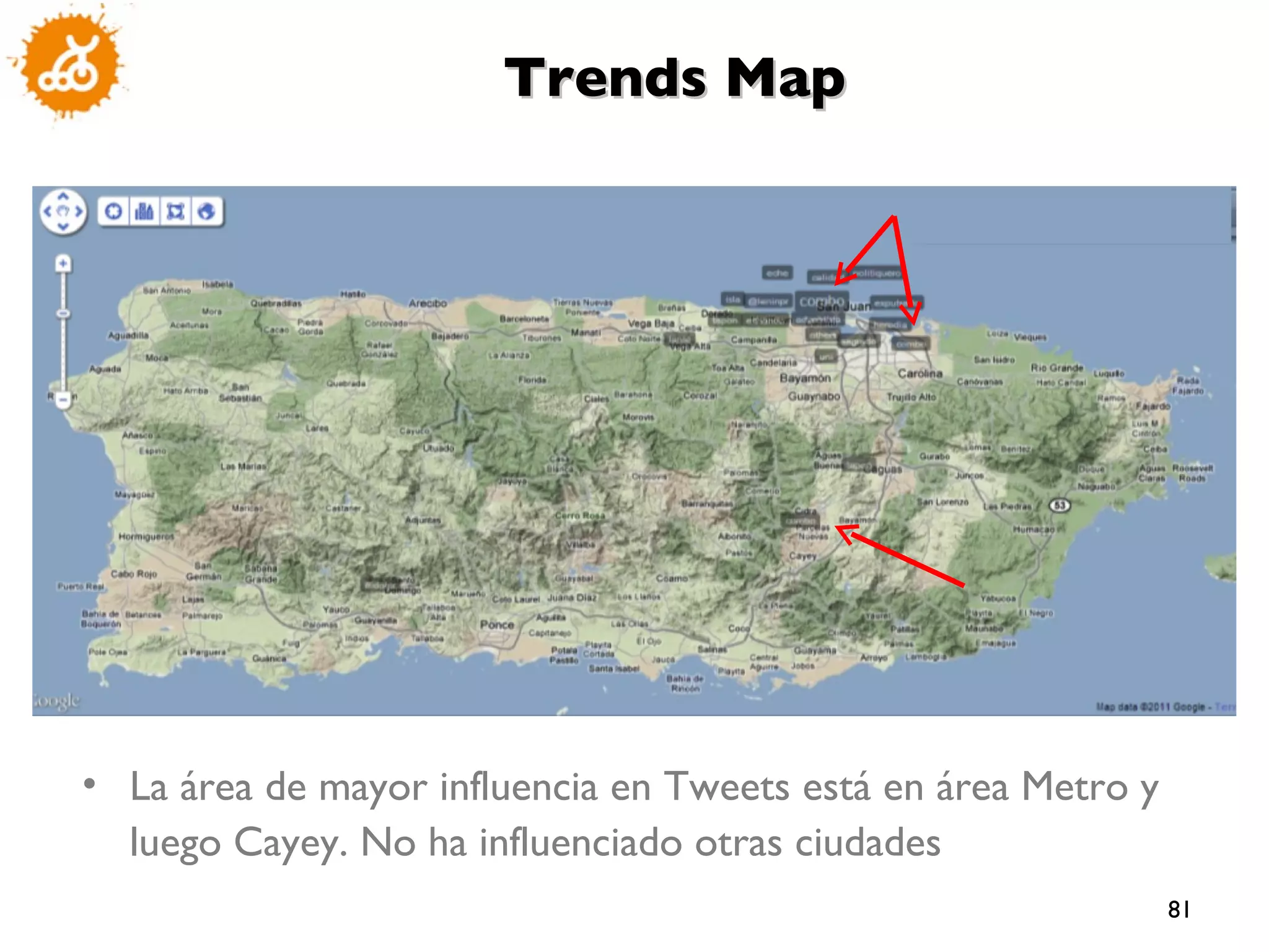 La área de mayor influencia en Tweets está en área Metro y luego Cayey. No ha influenciado otras ciudades Trends Map 