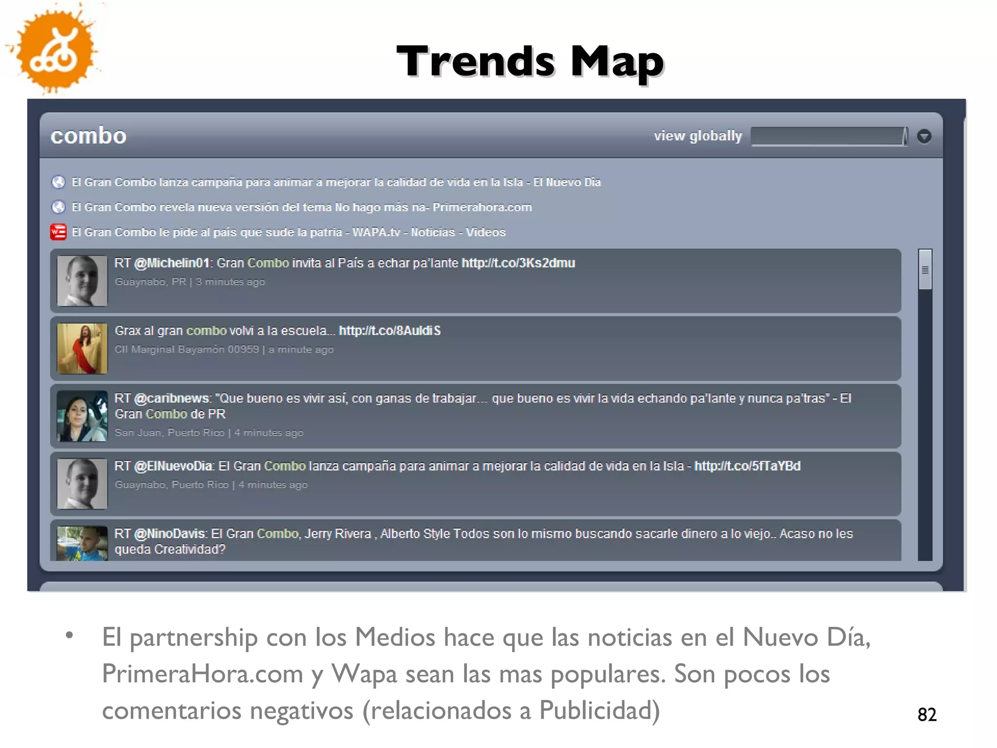 El partnership con los Medios hace que las noticias en el Nuevo Día, PrimeraHora.com y Wapa sean las mas populares. Son pocos los comentarios negativos (relacionados a Publicidad) Trends Map 