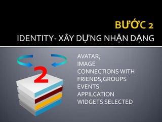 IDENTITY- XÂY DỰNG NHẬN DẠNG
            AVATAR,


   2        IMAGE
            CONNECTIONS WITH
            FRIENDS,GROUPS
            EVENTS
            APPILCATION
            WIDGETS SELECTED
 