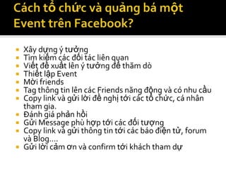  Xây dựng ý tưởng
 Tìm kiếm các đối tác liên quan
 Viết đề xuất lên ý tưởng để thăm dò
 Thiết lập Event
 Mời friends
 Tag thông tin lên các Friends năng động và có nhu cầu
 Copy link và gửi lời đề nghị tới các tổ chức, cá nhân
  tham gia.
 Đánh giá phản hồi
 Gửi Message phù hợp tới các đối tượng
 Copy link và gửi thông tin tới các báo điện tử, forum
  và Blog….
 Gửi lời cảm ơn và confirm tới khách tham dự
 