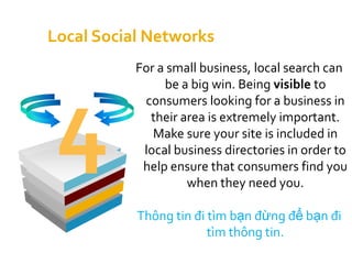 Local Social Networks
           For a small business, local search can
                be a big win. Being visible to



 4
            consumers looking for a business in
             their area is extremely important.
              Make sure your site is included in
            local business directories in order to
            help ensure that consumers find you
                    when they need you.

           Thông tin đi tìm bạn đừng để bạn đi
                        tìm thông tin.
 