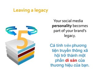 Leaving a legacy

                     Your social media




 5
                    personality becomes
                     part of your brand’s
                           legacy.

                   Cá tính trên phương
                    tiện truyền thông xã
                      hội trở thành một
                      phần di sản của
                   thương hiệu của bạn.
 