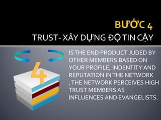 TRUST- XÂY DỰNG ĐỘ TIN CẬY
       IS THE END PRODUCT JUDED BY


4      OTHER MEMBERS BASED ON
       YOUR PROFILE, INDENTITY AND
       REPUTATION IN THE NETWORK
       , THE NETWORK PERCEIVES HIGH
       TRUST MEMBERS AS
       INFLUENCES AND EVANGELISTS.
 