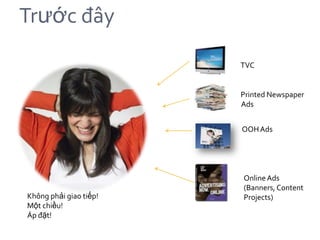 Trước đây

                        TVC


                        Printed Newspaper
                        Ads


                        OOH Ads




                        Online Ads
                        (Banners, Content
Không phải giao tiếp!   Projects)
Một chiều!
Áp đặt!
 