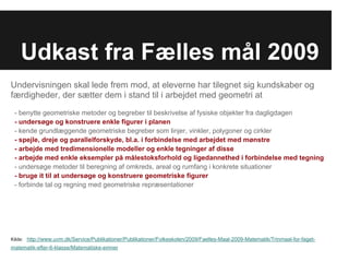 Udkast fra Fælles mål 2009
Undervisningen skal lede frem mod, at eleverne har tilegnet sig kundskaber og
færdigheder, der sætter dem i stand til i arbejdet med geometri at
 - benytte geometriske metoder og begreber til beskrivelse af fysiske objekter fra dagligdagen
 - undersøge og konstruere enkle figurer i planen
 - kende grundlæggende geometriske begreber som linjer, vinkler, polygoner og cirkler
 - spejle, dreje og parallelforskyde, bl.a. i forbindelse med arbejdet med mønstre
 - arbejde med tredimensionelle modeller og enkle tegninger af disse
 - arbejde med enkle eksempler på målestoksforhold og ligedannethed i forbindelse med tegning
 - undersøge metoder til beregning af omkreds, areal og rumfang i konkrete situationer
 - bruge it til at undersøge og konstruere geometriske figurer
 - forbinde tal og regning med geometriske repræsentationer




Kilde: http://www.uvm.dk/Service/Publikationer/Publikationer/Folkeskolen/2009/Faelles-Maal-2009-Matematik/Trinmaal-for-faget-
matematik-efter-6-klasse/Matematiske-emner
 