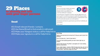 29 Places
to identify and talk
with your buyer persona
Email
#21 Email relevant friends / contacts
#22 Use Name2Email to ﬁnd emails & cold email:
#23 Make your Hangout status a call for help/intros
#24 Make your signature a call for help/intros
 