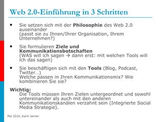 Web 2.0-Einführung in 3 Schritten Sie setzen sich mit der  Philosophie  des Web 2.0 auseinander  (passt sie zu Ihnen/Ihrer Organisation, Ihrem Unternehmen?) Sie formulieren  Ziele und Kommunikationsbotschaften   (WAS will ich sagen    dann erst: mit welchen Tools will ich das sagen)  Sie beschäftigen sich mit den  Tools  (Blog, Podcast, Twitter…)  Welche passen in Ihren Kommunikationsmix? Wie kombinieren Sie sie? Wichtig: Die Tools müssen Ihren Zielen untergeordnet und sowohl untereinander als auch mit den anderen Kommunikationskanälen verzahnt sein (Integrierte Social Media Strategie). 