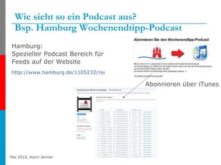 Wie sieht so ein Podcast aus?  Bsp. Hamburg Wochenendtipp-Podcast Hamburg: Spezieller Podcast Bereich für Feeds auf der Website http://www.hamburg.de/1105232/rss-feeds.html Abonnieren über iTunes 