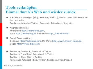 Tools verknüpfen: Einmal durch`s Web und wieder zurück 1 x Content erzeugen (Blog, Youtube, Flickr…), diesen dann über Feeds im Netz verteilen.  Feeds einbinden bei Twitter, Facebook, Friendfeed, Xing etc. Aggregationstools:  Friendfeed  http:// friendfeed.com ,  soup  http:// www.soup.io , lifestream  http://lifestream.fm Social Bookmarking: Delicious  http:// delicious.com , Mr Wong  http:// www.mister-wong.de , Diigo:  http:// www.diigo.com   Twitter    Facebook, Facebook   Twitter  Twitter    Friendfeed, Friendfeed    Twitter Twitter    Blog, Blog    Twitter Posterous: Autopost (Blog, Twitter, Facebook, Friendfeed…) 