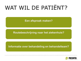 WAT WIL DE PATIËNT?
Routebeschrijving naar het ziekenhuis?
Een afspraak maken?
Informatie over behandeling en behandelteam?
 