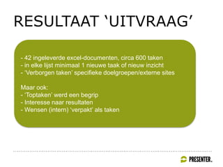 RESULTAAT ‘UITVRAAG’
- 42 ingeleverde excel-documenten, circa 600 taken
- in elke lijst minimaal 1 nieuwe taak of nieuw inzicht
- ‘Verborgen taken’ specifieke doelgroepen/externe sites
Maar ook:
- ‘Toptaken’ werd een begrip
- Interesse naar resultaten
- Wensen (intern) ‘verpakt’ als taken
 