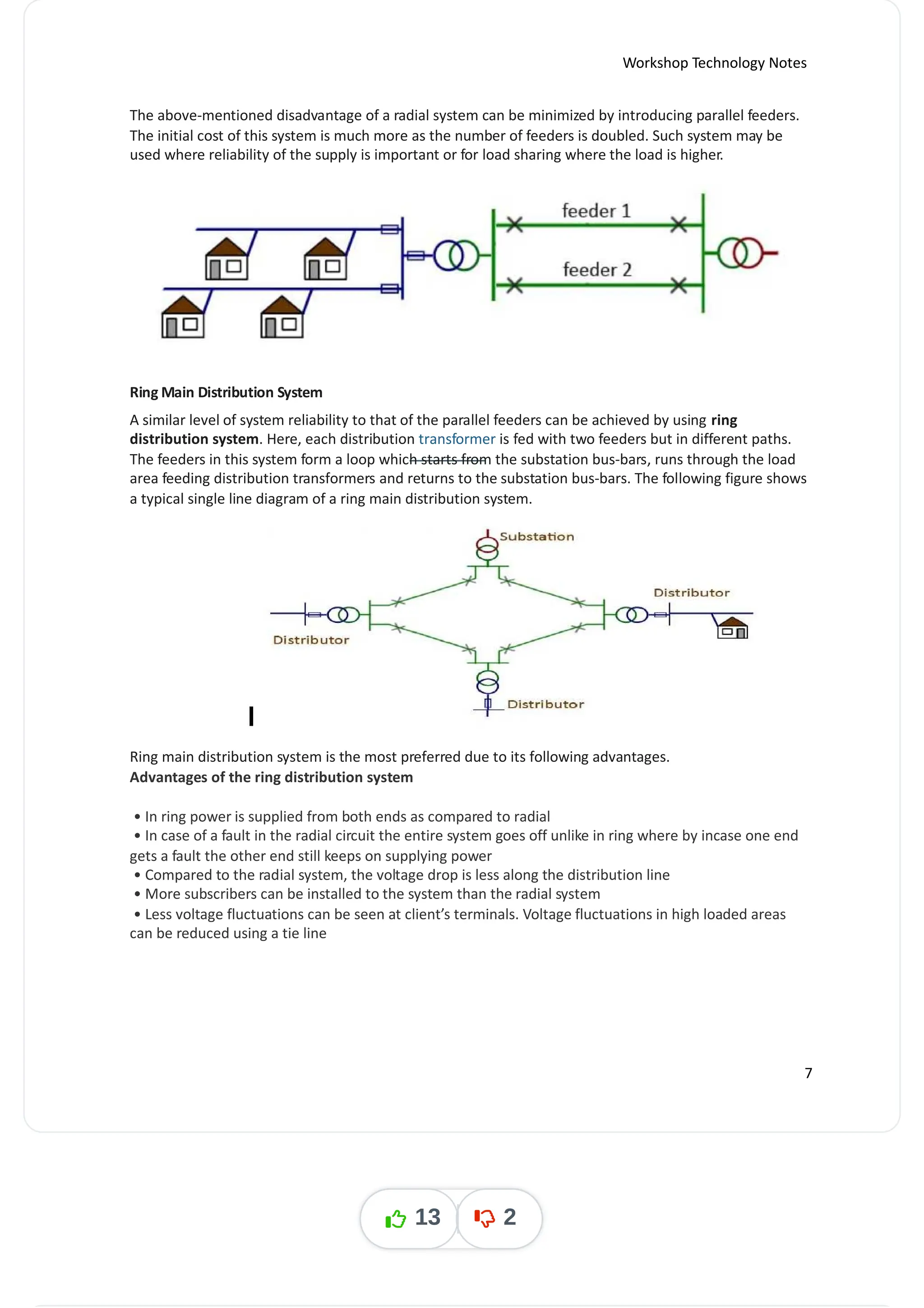 Workshop Technology Notes
The above-mentioned disadvantage of a radial system can be minimized by introducing parallel feeders.
The initial cost of this system is much more as the number of feeders is doubled. Such system may be
used where reliability of the supply is important or for load sharing where the load is higher.
Ring Main Distribution System
A similar level of system reliability to that of the parallel feeders can be achieved by using ring
distribution system. Here, each distribution transformer is fed with two feeders but in different paths.
The feeders in this system form a loop which starts from the substation bus-bars, runs through the load
area feeding distribution transformers and returns to the substation bus-bars. The following figure shows
a typical single line diagram of a ring main distribution system.
Ring main distribution system is the most preferred due to its following advantages.
Advantages of the ring distribution system
• In ring power is supplied from both ends as compared to radial
• In case of a fault in the radial circuit the entire system goes off unlike in ring where by incase one end
gets a fault the other end still keeps on supplying power
• Compared to the radial system, the voltage drop is less along the distribution line
• More subscribers can be installed to the system than the radial system
• Less voltage fluctuations can be seen at client’s terminals. Voltage fluctuations in high loaded areas
can be reduced using a tie line
7
13 2
 