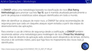 ALM e Operações - Workshops 
A OWASP utiliza uma metodologia baseada na classificação do risco (Risk Rating 
Methodology) para priorizar sua lista Top 10, que é mantida atualizada periodicamente a 
partir de pesquisas e estatísticas sobre ataques identificados em todo o mundo. 
Além de identificar os ataques de maior risco, a OWASP faz várias recomendações de 
segurança para que cada um daqueles ataques sejam evitados a partir das etapas do 
desenvolvimento das aplicações. 
Para orientar o uso de critérios de segurança desde a codificação, a OWASP também 
recomenda adotar uma metodologia para modelagem de risco (Threat Risc Modeling) 
desde a fase de desenho da aplicação web, evitando assim desperdício de tempo, dinheiro, 
recursos e de controles inúteis, para que haja foco no mapeamento dos riscos reais já 
identificados. 
https://www.owasp.org/images/4/42/OWASP_TOP_10_2007_PT-BR.pdf 
 