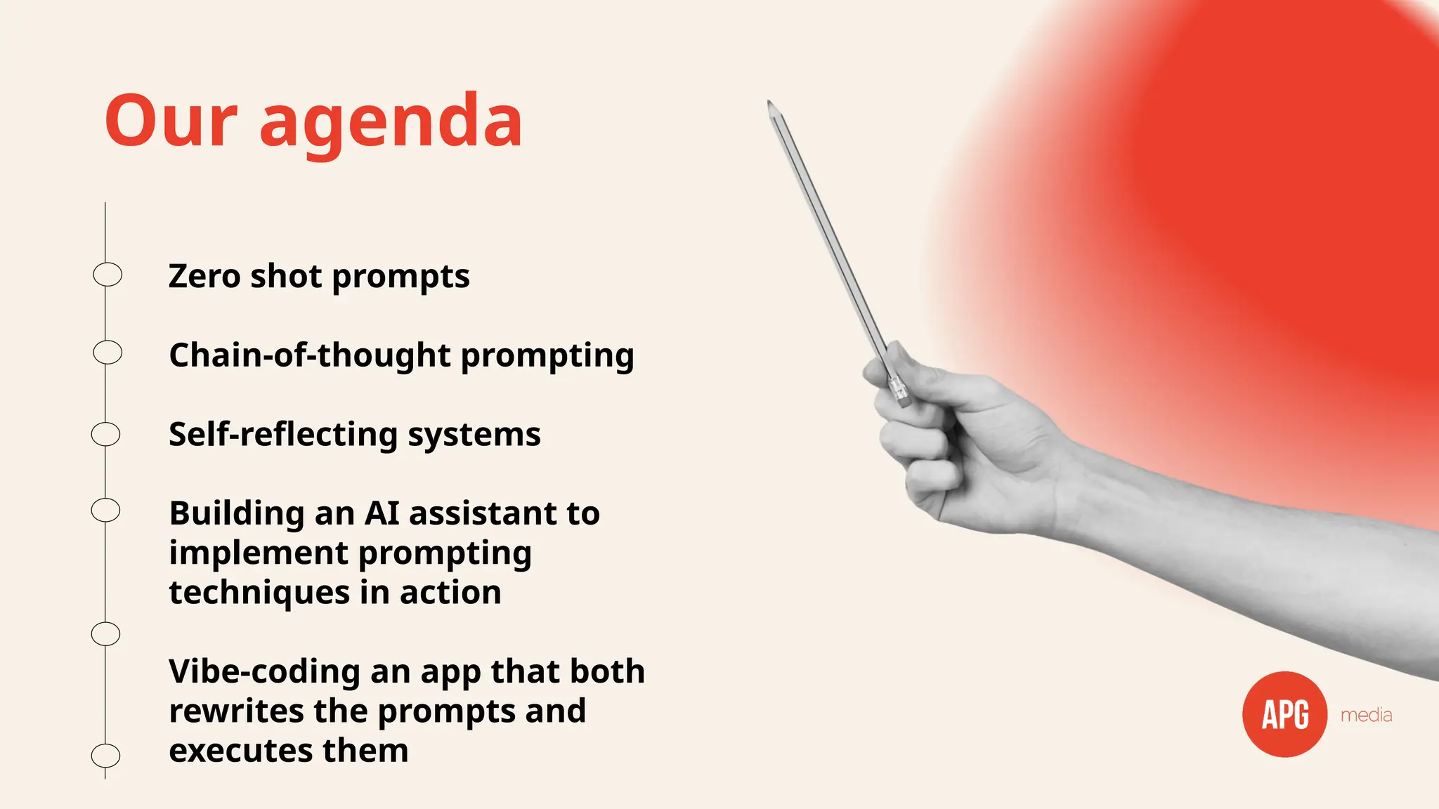 Our agenda
Zero shot prompts
Chain-of-thought prompting
Self-reflecting systems
Building an AI assistant to
implement prompting
techniques in action
Vibe-coding an app that both
rewrites the prompts and
executes them
 