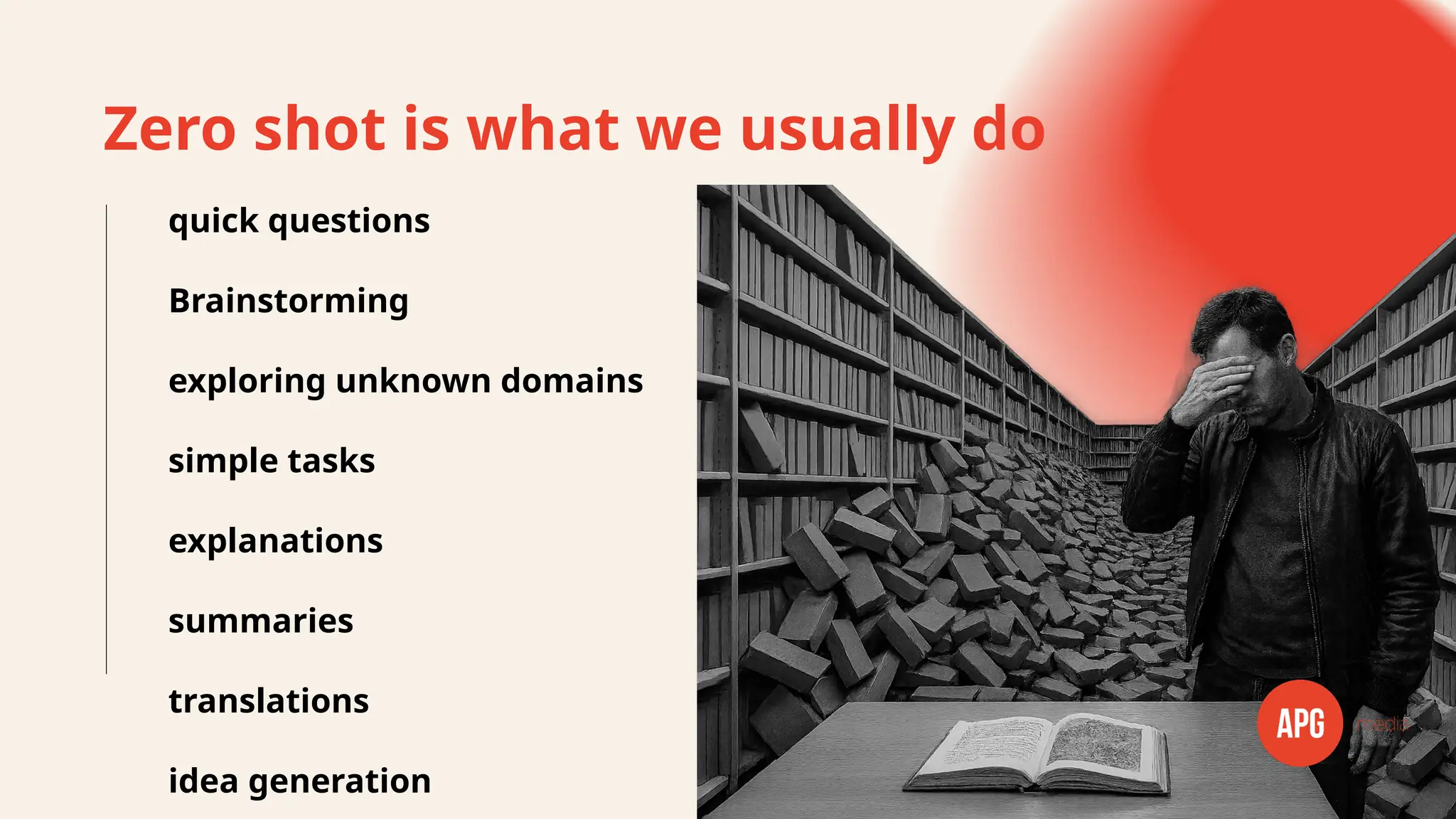 Zero shot is what we usually do
quick questions
Brainstorming
exploring unknown domains
simple tasks
explanations
summaries
translations
idea generation
 