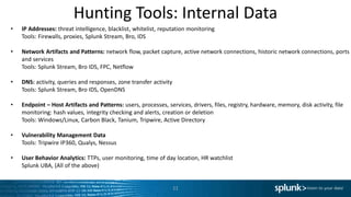 Hunting Tools: Internal Data
11
• IP Addresses: threat intelligence, blacklist, whitelist, reputation monitoring
Tools: Firewalls, proxies, Splunk Stream, Bro, IDS
• Network Artifacts and Patterns: network flow, packet capture, active network connections, historic network connections, ports
and services
Tools: Splunk Stream, Bro IDS, FPC, Netflow
• DNS: activity, queries and responses, zone transfer activity
Tools: Splunk Stream, Bro IDS, OpenDNS
• Endpoint – Host Artifacts and Patterns: users, processes, services, drivers, files, registry, hardware, memory, disk activity, file
monitoring: hash values, integrity checking and alerts, creation or deletion
Tools: Windows/Linux, Carbon Black, Tanium, Tripwire, Active Directory
• Vulnerability Management Data
Tools: Tripwire IP360, Qualys, Nessus
• User Behavior Analytics: TTPs, user monitoring, time of day location, HR watchlist
Splunk UBA, (All of the above)
 