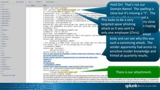 We have access to the email
body and can see why this was
such a convincing attack. The
sender apparently had access to
sensitive insider knowledge and
hinted at quarterly results.
There is our attachment.
Hold On! That’s not our
Domain Name! The spelling is
close but it’s missing a “t”. The
attacker likely registered a
domain name that is very close
to the company domain hoping
Chris would not notice.
This looks to be a very
targeted spear phishing
attack as it was sent to
only one employee (Chris).
 