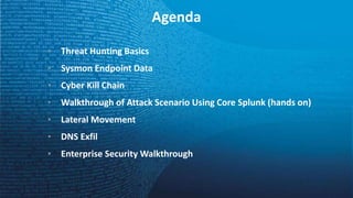 Agenda
• Threat Hunting Basics
• Sysmon Endpoint Data
• Cyber Kill Chain
• Walkthrough of Attack Scenario Using Core Splunk (hands on)
• Lateral Movement
• DNS Exfil
• Enterprise Security Walkthrough
 