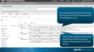 41
The results show 54.211.114.134 has
accessed this file from the web portal
of buttergames.com.
There is also a known threat intel
association with the source IP
Address downloading (HTTP GET)
the file.
 