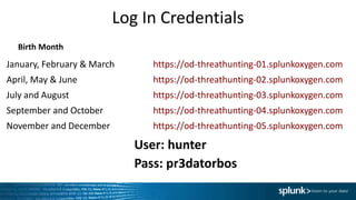 Log In Credentials
January, February & March https://od-threathunting-01.splunkoxygen.com
April, May & June https://od-threathunting-02.splunkoxygen.com
July and August https://od-threathunting-03.splunkoxygen.com
September and October https://od-threathunting-04.splunkoxygen.com
November and December https://od-threathunting-05.splunkoxygen.com
User: hunter
Pass: pr3datorbos
Birth Month
 