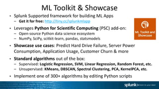 ML Toolkit & Showcase
• Splunk Supported framework for building ML Apps
– Get it for free: http://tiny.cc/splunkmlapp
• Leverages Python for Scientific Computing (PSC) add-on:
– Open-source Python data science ecosystem
– NumPy, SciPy, scitkit-learn, pandas, statsmodels
• Showcase use cases: Predict Hard Drive Failure, Server Power
Consumption, Application Usage, Customer Churn & more
• Standard algorithms out of the box:
– Supervised: Logistic Regression, SVM, Linear Regression, Random Forest, etc.
– Unsupervised: KMeans, DBSCAN, Spectral Clustering, PCA, KernelPCA, etc.
• Implement one of 300+ algorithms by editing Python scripts
 