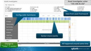 Data	from	asset	framework
Configurable	Swimlanes
Darker=more	events
All	happened	around	same	timeChange	to	
“Today”	if	needed
Asset	Investigator,	enter	
“192.168.56.102”
 