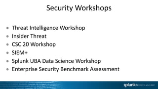Security	Workshops
● Threat	Intelligence	Workshop
● Insider	Threat
● CSC	20	Workshop
● SIEM+
● Splunk UBA	Data	Science	Workshop	
● Enterprise	Security	Benchmark	Assessment
 