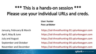 User:	hunter
Pass:	pr3dator
January,	February	&	March	 https://od-threathunting-01.splunkoxygen.com
April,	May	&	June https://od-threathunting-02.splunkoxygen.com
July and August https://od-threathunting-03.splunkoxygen.com
September	and	October https://od-threathunting-04.splunkoxygen.com
November	and	December https://od-threathunting-05.splunkoxygen.com
 