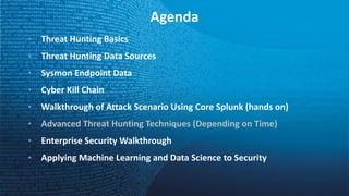 Agenda
• Threat	Hunting	Basics
• Threat	Hunting	Data	Sources
• Sysmon Endpoint	Data
• Cyber	Kill	Chain	
• Walkthrough	of	Attack	Scenario	Using	Core	Splunk (hands	on)
• Advanced	Threat	Hunting	Techniques	(Depending	on	Time)
• Enterprise	Security	Walkthrough
• Applying	Machine	Learning	and	Data	Science	to	Security
 