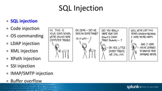 SQL	Injection
● SQL	injection
● Code	injection
● OS	commanding
● LDAP	injection
● XML	injection
● XPath	injection
● SSI	injection
● IMAP/SMTP	injection
● Buffer	overflow
 