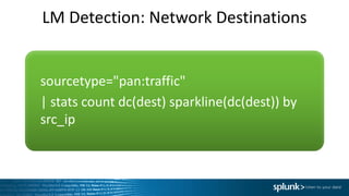 LM	Detection:	Network	Destinations
sourcetype="pan:traffic"	
|	stats	count	dc(dest)	sparkline(dc(dest))	by	
src_ip
 