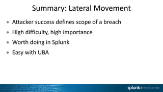 Summary:	Lateral	Movement
● Attacker	success	defines	scope	of	a	breach
● High	difficulty,	high	importance
● Worth	doing	in	Splunk
● Easy	with	UBA
 
