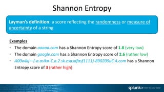 Examples
• The	domain	aaaaa.com has	a	Shannon	Entropy	score	of	1.8 (very	low)
• The	domain	google.com has	a	Shannon	Entropy	score	of	2.6 (rather	low)
• A00wlkj—(-a.aslkn-C.a.2.sk.esasdfasf1111)-890209uC.4.com has	a	Shannon	
Entropy	score	of	3 (rather	high)
Layman’s	definition:	a	score	reflecting	the	randomness or	measure	of	
uncertainty of	a	string
Shannon	Entropy
 