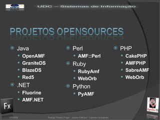 Java OpenAMF GraniteDS BlazeDS Red5 .NET Fluorine AMF.NET Perl AMF::Perl Ruby RubyAmf WebOrb Python PyAMF 02/06/09 PHP CakePHP AMFPHP SabreAMF WebOrb Rodrigo Pereira Fraga – Juliano Feltraco – Leandro Quingerski 