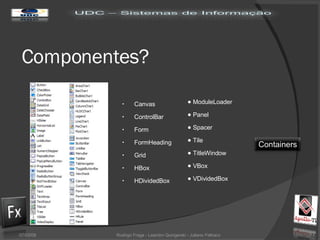 Componentes? 02/06/09 Rodrigo Fraga - Leandro Quingerski - Juliano Feltraco Canvas ControlBar Form FormHeading Grid HBox HDividedBox ModuleLoader Panel Spacer Tile TitleWindow VBox VDividedBox Containers 