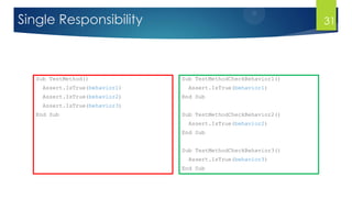 Single Responsibility
Sub TestMethod()
Assert.IsTrue(behavior1)
Assert.IsTrue(behavior2)
Assert.IsTrue(behavior3)
End Sub
Sub TestMethodCheckBehavior1()
Assert.IsTrue(behavior1)
End Sub
Sub TestMethodCheckBehavior2()
Assert.IsTrue(behavior2)
End Sub
Sub TestMethodCheckBehavior3()
Assert.IsTrue(behavior3)
End Sub
31
 