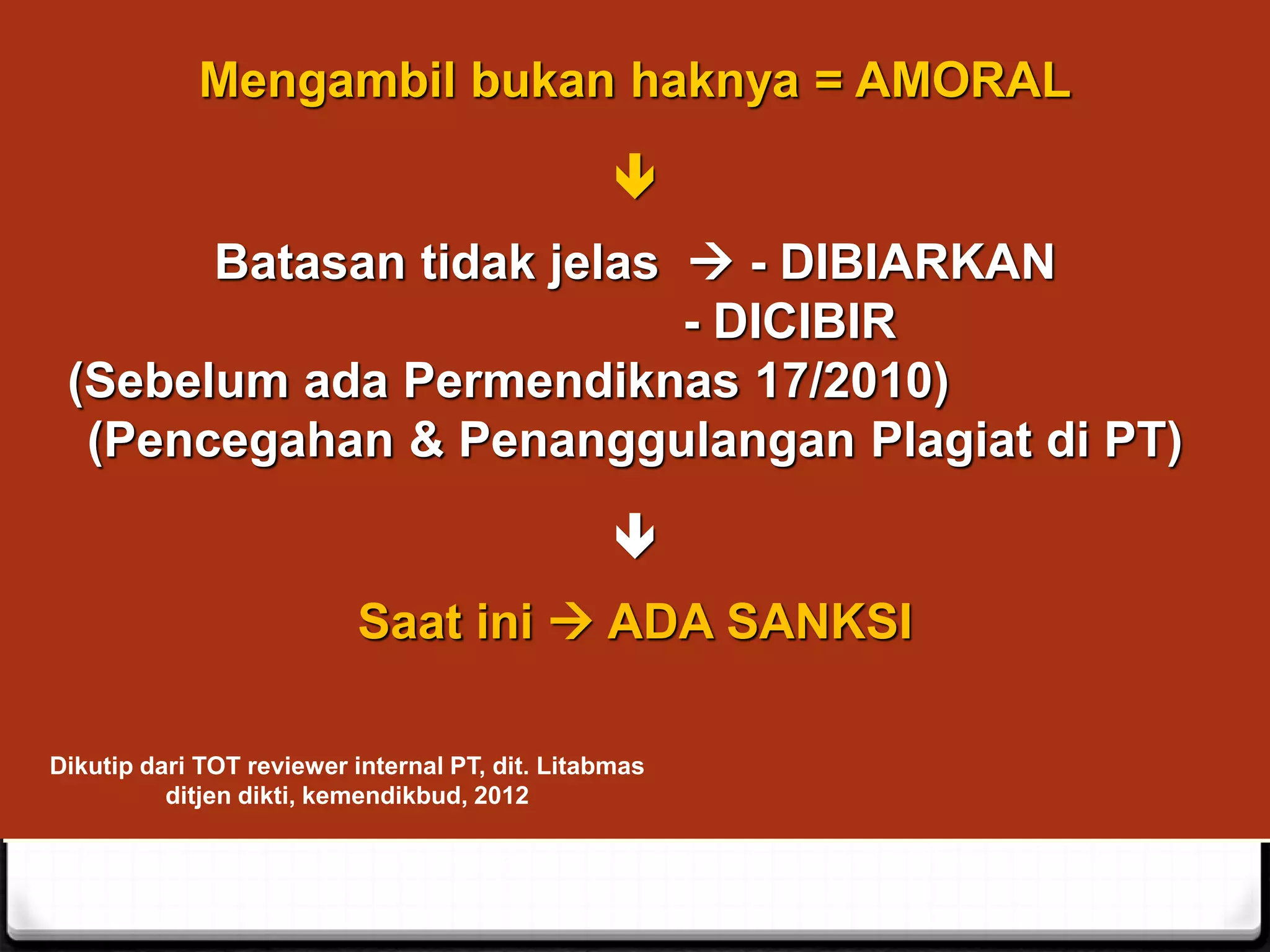 Mengambil bukan haknya = AMORAL

Batasan tidak jelas  - DIBIARKAN
- DICIBIR
(Sebelum ada Permendiknas 17/2010)
(Pencegahan & Penanggulangan Plagiat di PT)

Saat ini  ADA SANKSI
Dikutip dari TOT reviewer internal PT, dit. Litabmas
ditjen dikti, kemendikbud, 2012
 