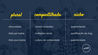 .diversidade
.feita por todos
.feita para todos
plural compartilhada
.muitas conexões
.múltiplos canais
.cultura da colaboração
nicho
.segmentação
.qualificação da msg
.autenticidade
 