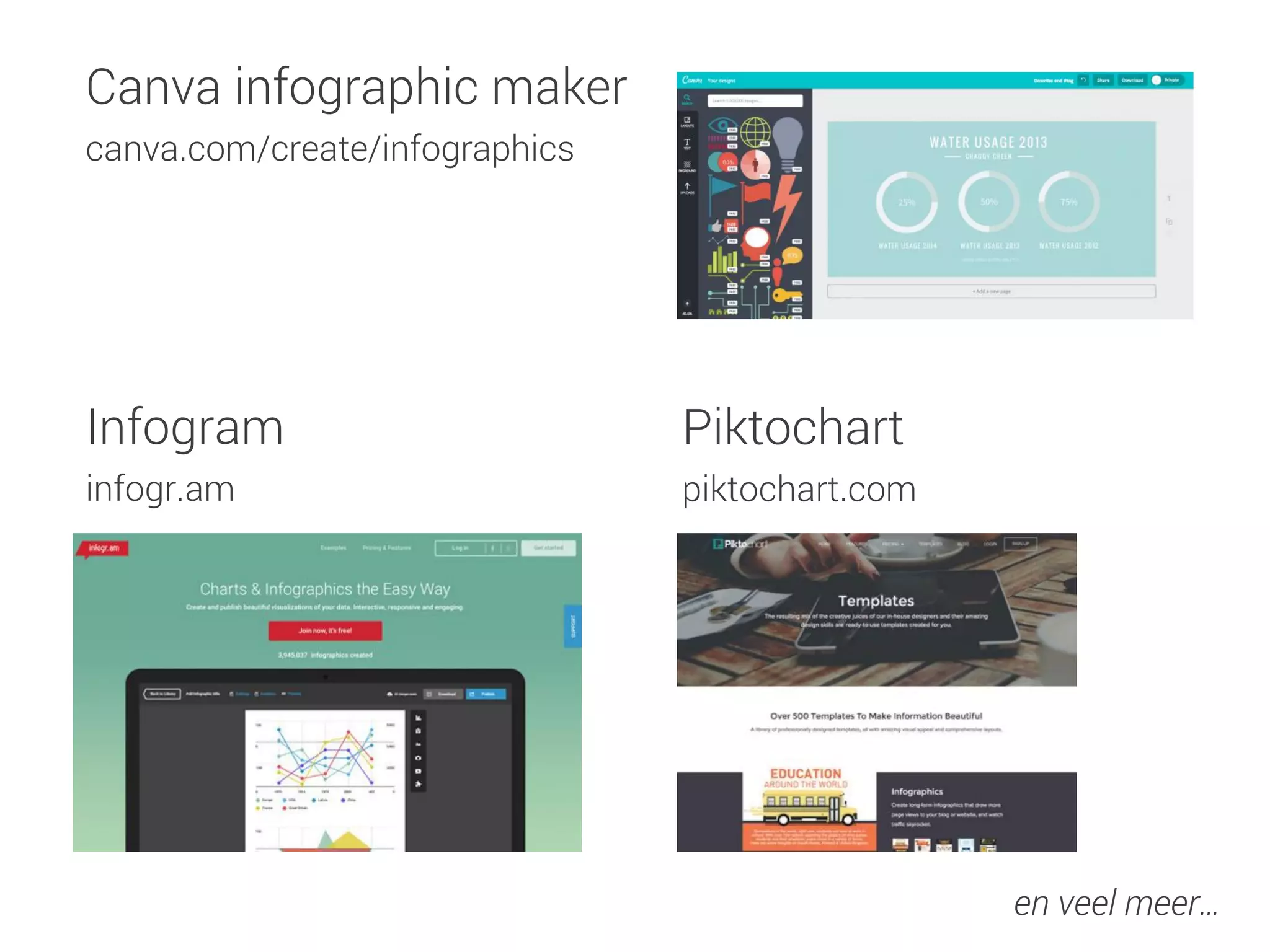 Canva infographic maker
canva.com/create/infographics
Infogram
infogr.am
en veel meer…
Piktochart
piktochart.com
 
