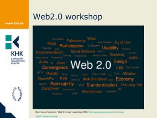 Web2.0 workshop Definitie Bron:  Luca Cremonini, “Web 2.0 map”, december 2006,  http :// www.railsonwave.it / railsonwave /2007/1/2/web-2-0-map   