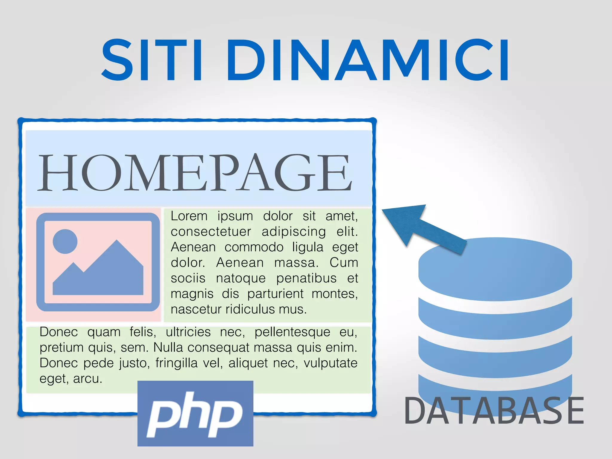 SITI DINAMICI
HOMEPAGE
Lorem ipsum dolor sit amet,
consectetuer adipiscing elit.
Aenean commodo ligula eget
dolor. Aenean massa. Cum
sociis natoque penatibus et
magnis dis parturient montes,
nascetur ridiculus mus.
Donec quam felis, ultricies nec, pellentesque eu,
pretium quis, sem. Nulla consequat massa quis enim.
Donec pede justo, fringilla vel, aliquet nec, vulputate
eget, arcu.
DATABASE
 
