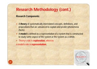 Research Methodology (cont.)
Research Components:
 A theory of systematically interrelated concepts, definitions, and
propositions that are advanced to explain and predict phenomena
(facts).
 A model is defined as a representation of a system that is constructed
to study some aspect of the system or the system as a whole.
 Theory’s role is explanation, whereas
a model’s role is representation.
27
 