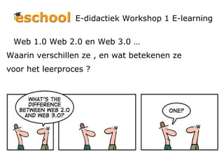 E-didactiek Workshop 1 E-learning Web 1.0 Web 2.0 en Web 3.0 … Waarin verschillen ze , en wat betekenen ze voor het leerproces ? 