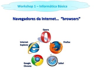 Navegadores da Internet…  “browsers” Workshop 1 – Informática Básica Internet Explorer Opera Google Chrome Safari Firefox 