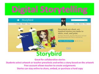 Digital Storytelling


                                                          Click

                             Storybird
                            Great for collaborative stories
Students select artwork or teacher preselects and writes a story based on the artwork
                  Free account allows teacher to create assignments
          Stories can stay online to share, embed, or purchase a hard copy
 