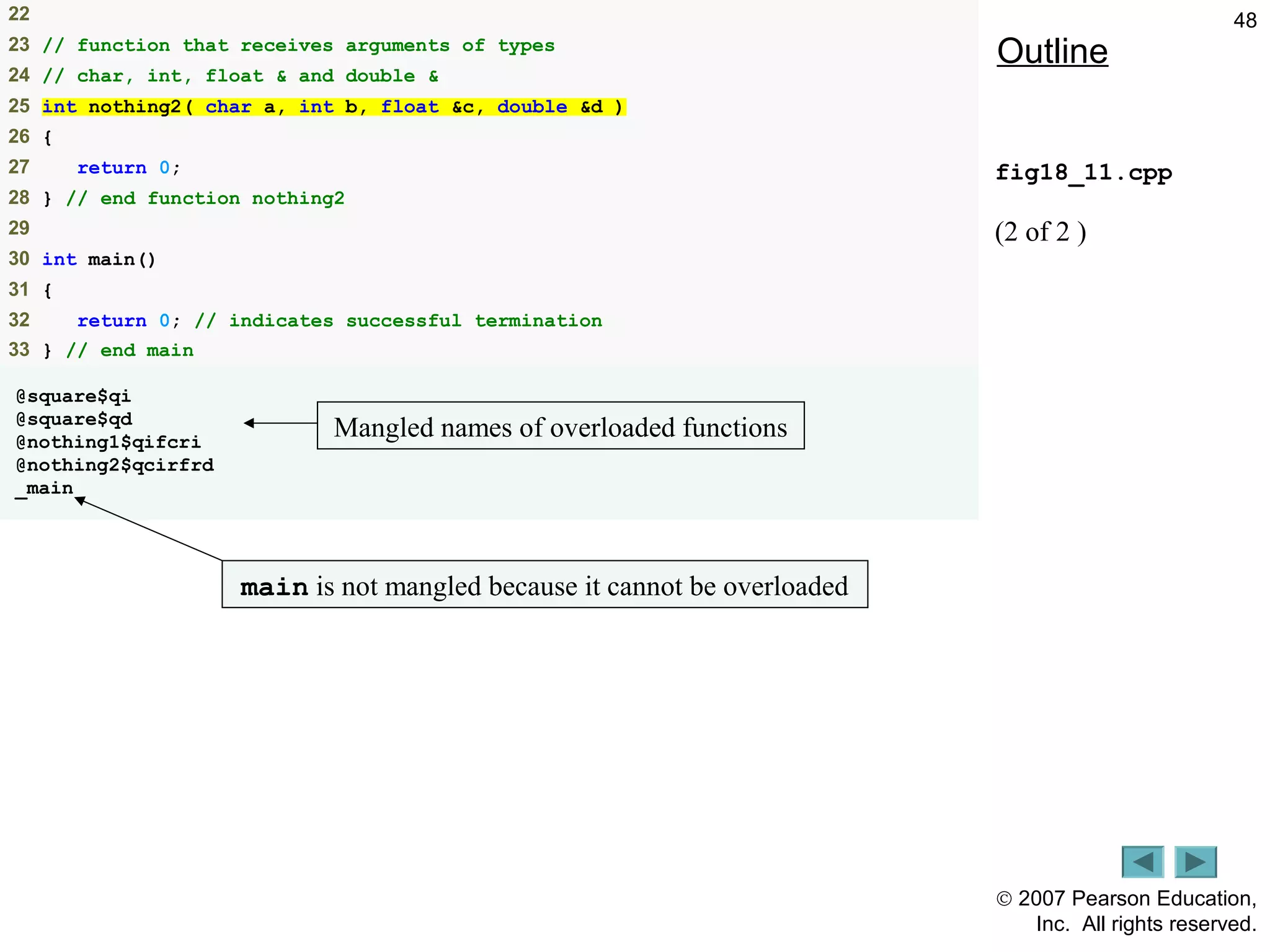 © 2007 Pearson Education,
Inc. All rights reserved.
4822
23 // function that receives arguments of types
24 // char, int, float & and double &
25 int nothing2( char a, int b, float &c, double &d )
26 {
27 return 0;
28 } // end function nothing2
29
30 int main()
31 {
32 return 0; // indicates successful termination
33 } // end main
@square$qi
@square$qd
@nothing1$qifcri
@nothing2$qcirfrd
_main
Outline
fig18_11.cpp
(2 of 2 )
main is not mangled because it cannot be overloaded
Mangled names of overloaded functions
 