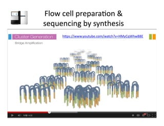 Flow	
  cell	
  prepara1on	
  &	
  
sequencing	
  by	
  synthesis	
  
19	
  
h7ps://www.youtube.com/watch?v=HMyCqWhwB8E	
  
	
  
 