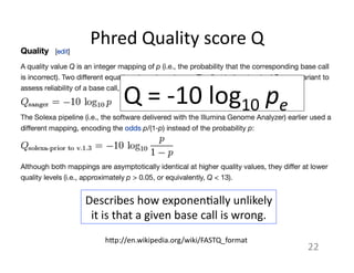 Phred	
  Quality	
  score	
  Q	
  
h7p://en.wikipedia.org/wiki/FASTQ_format	
  
Describes	
  how	
  exponen1ally	
  unlikely	
  
it	
  is	
  that	
  a	
  given	
  base	
  call	
  is	
  wrong.	
  
Q	
  =	
  -­‐10	
  log10	
  pe	
  	
  
22	
  
 